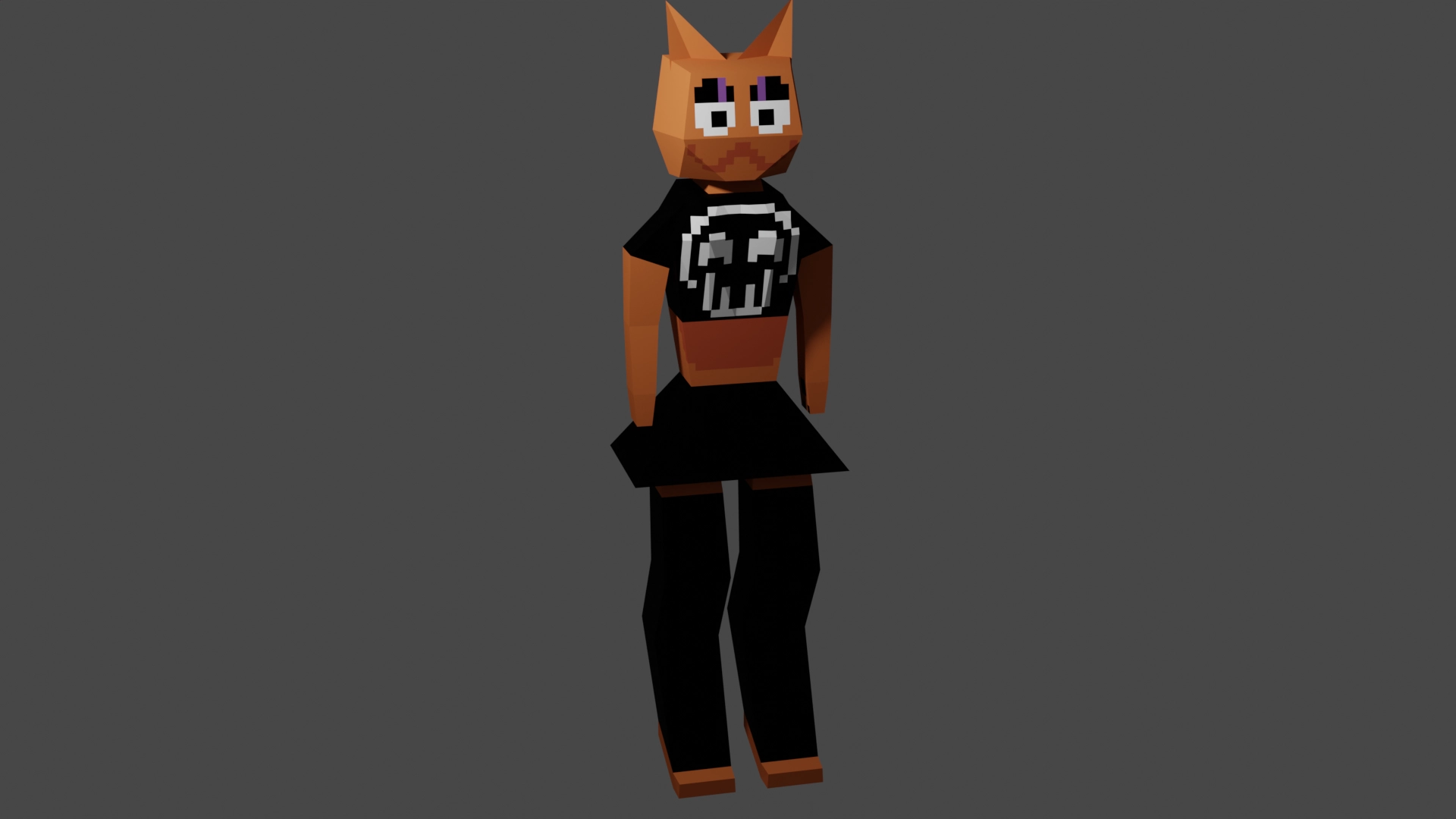 A lowpoly anthropomorphic orange cat. She is wearing thigh-highs, a skirt, a crop-top with a skull on it.